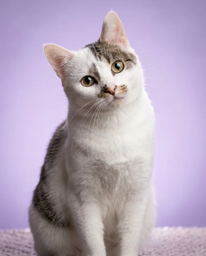 Peggy tilting her head against a lavender background